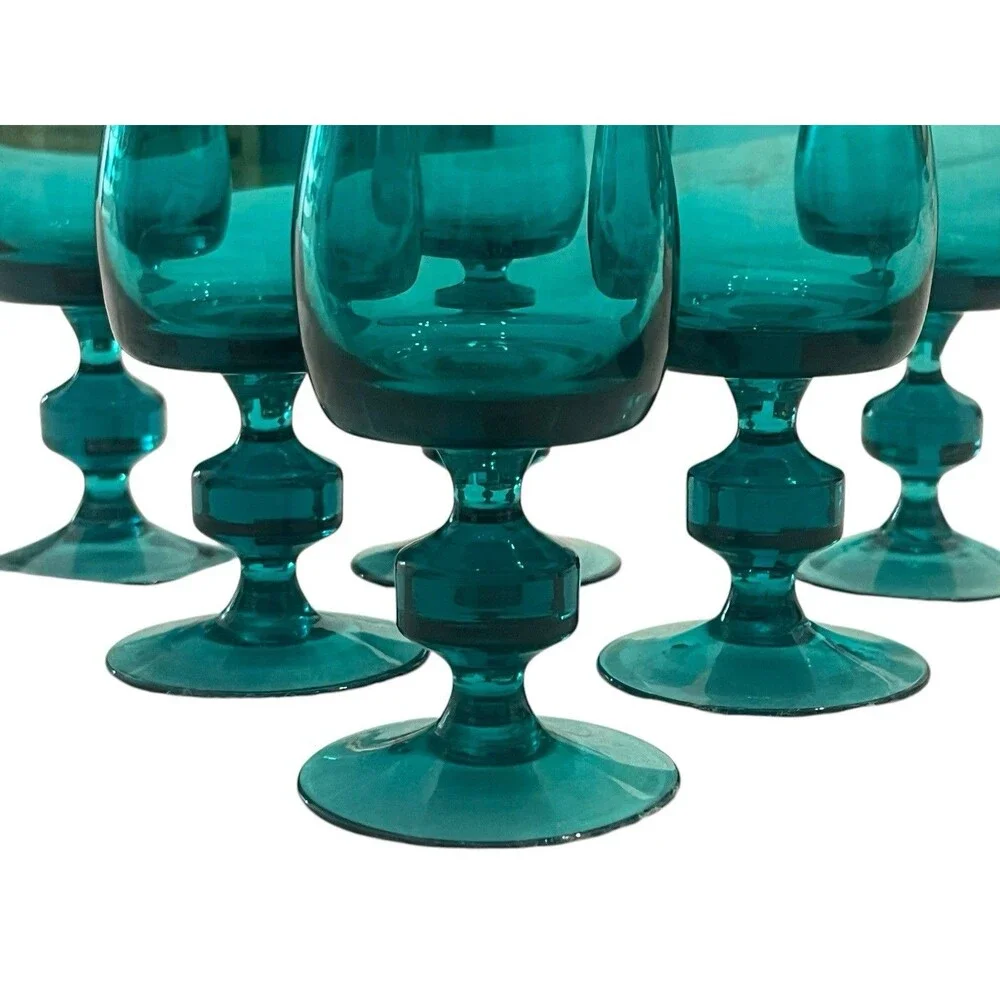 Vintage Teal Blue Art Glass 1 Decanter 6 Wine Glass Very Beautiful Rare!